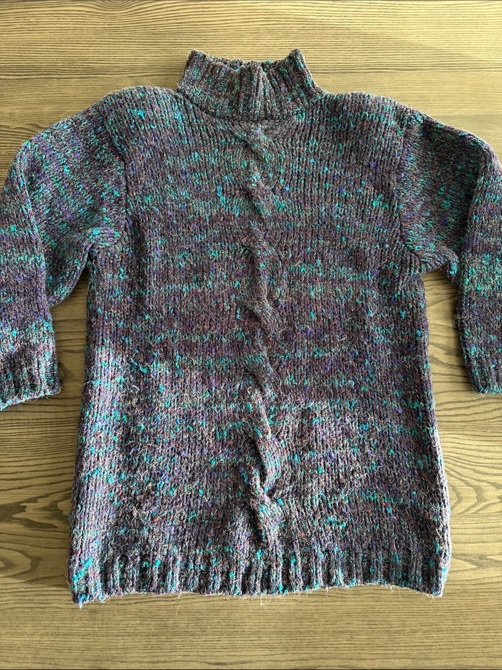 Women's Speckled Cowl-Neck Sweater in Heathered Purple and Teal